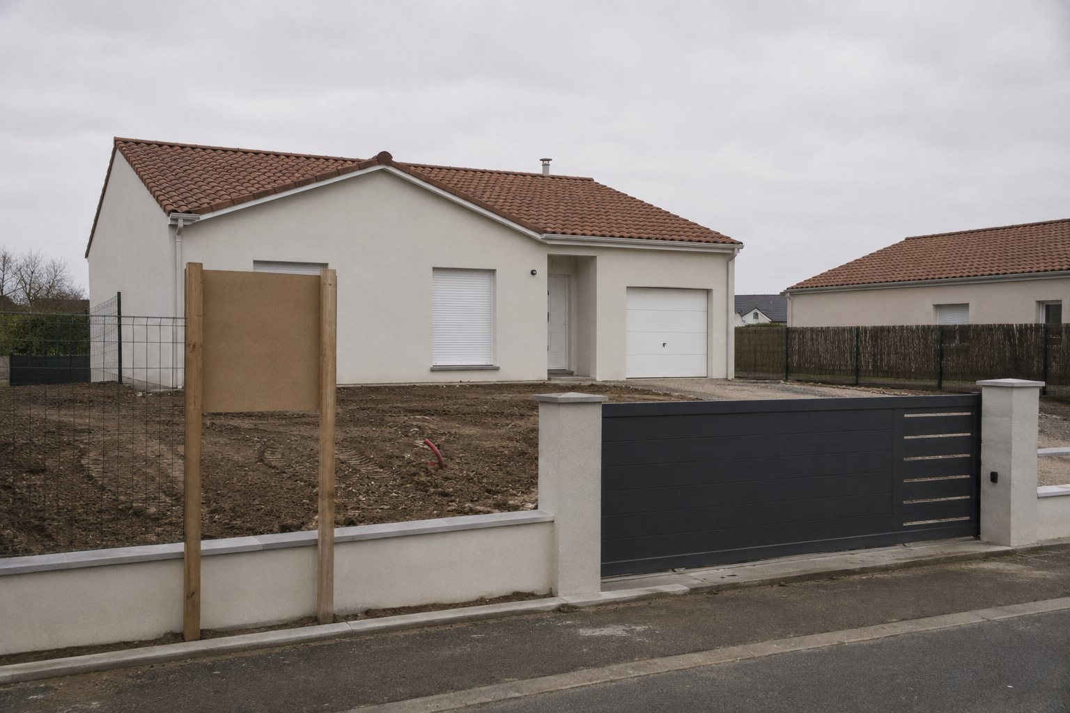 Maison individuelle neuve de plain-pied vue depuis la rue, terrain encore nu, panneau de chantier vu de dos