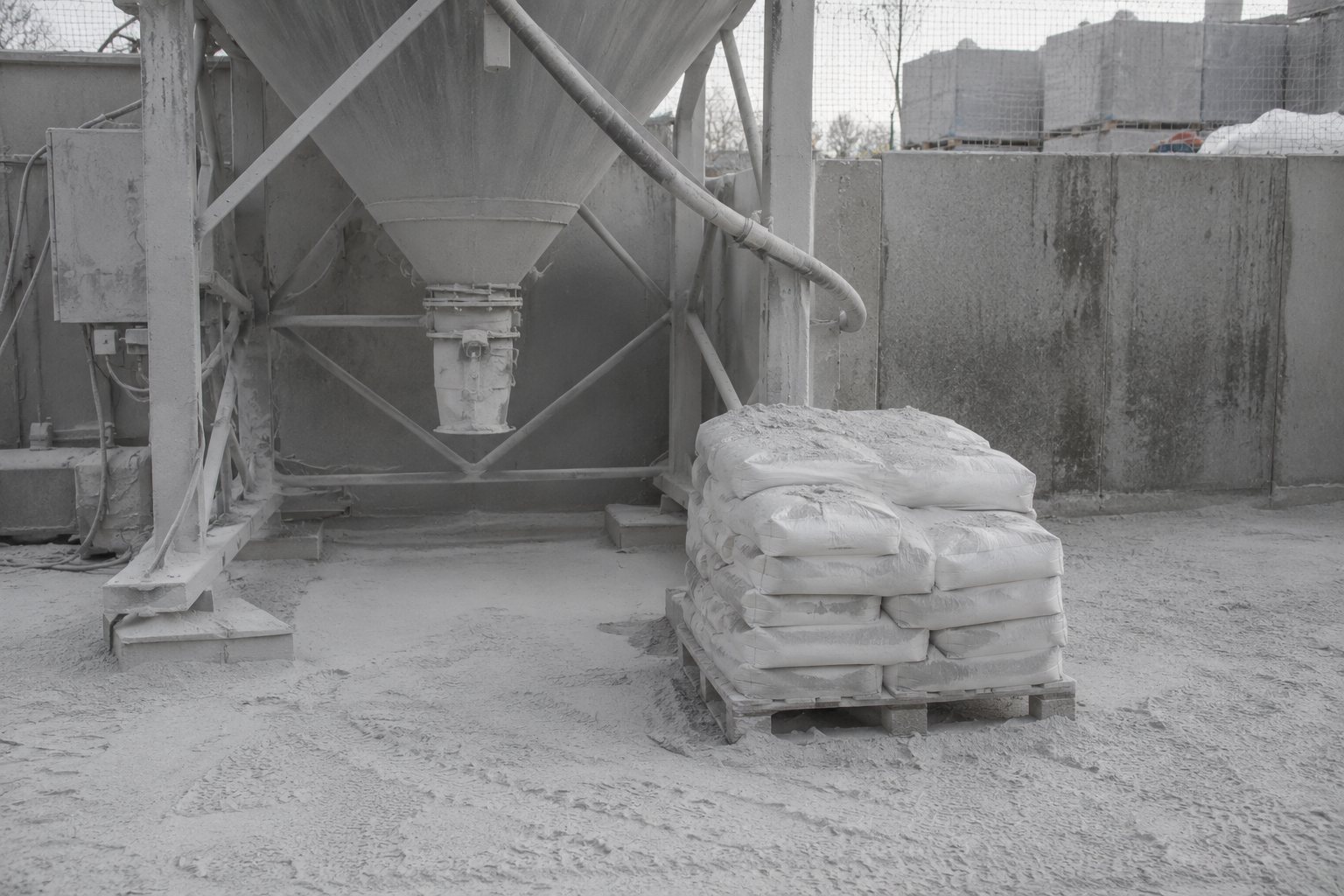 Silo à matière sèche et palette de sacs de liant, sol couvert de poudre grise marquée d'empreintes de bottes