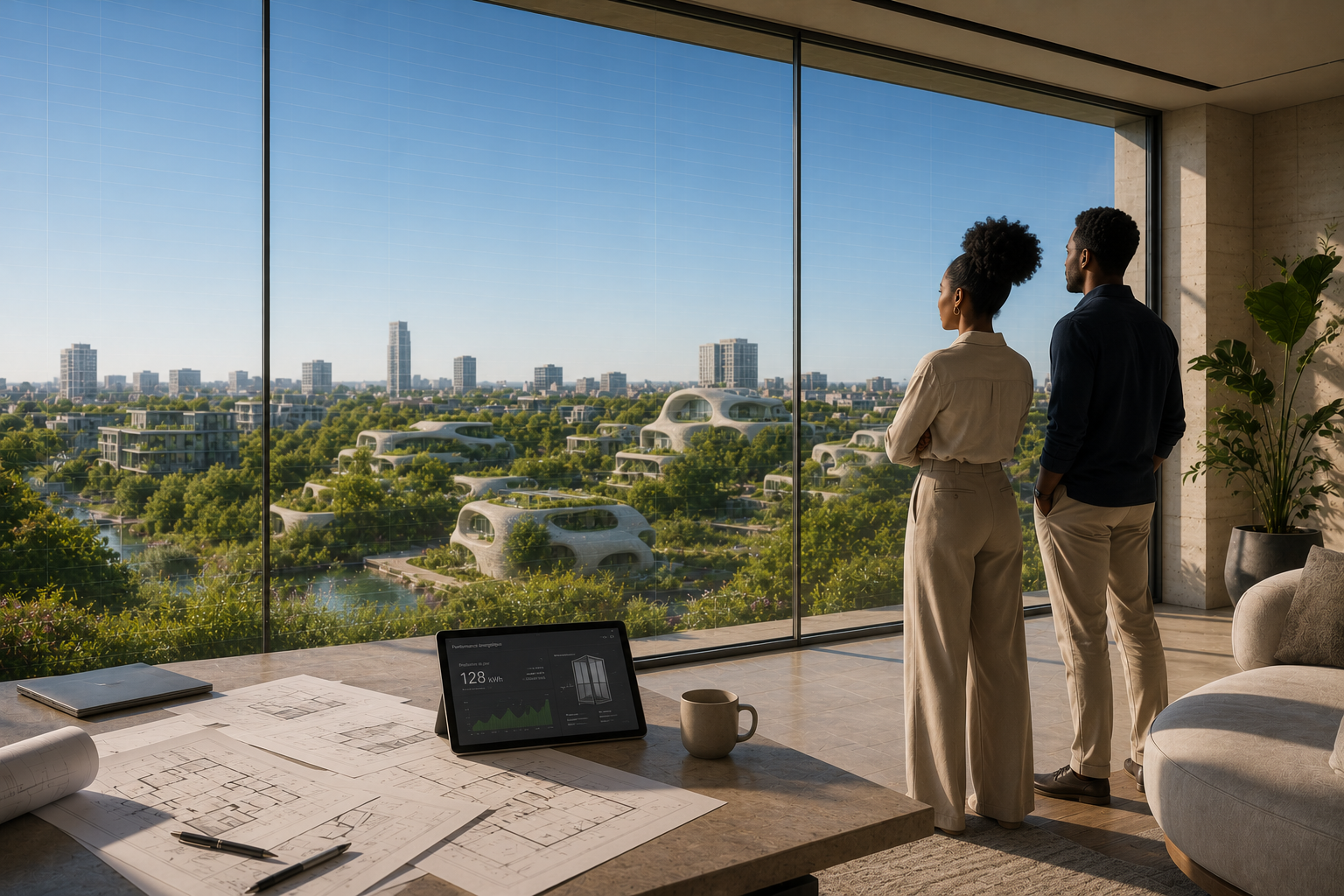 Couple contemplant une ville durable à travers une baie vitrée photovoltaïque transparente intégrée à un habitat intelligent de nouvelle génération.