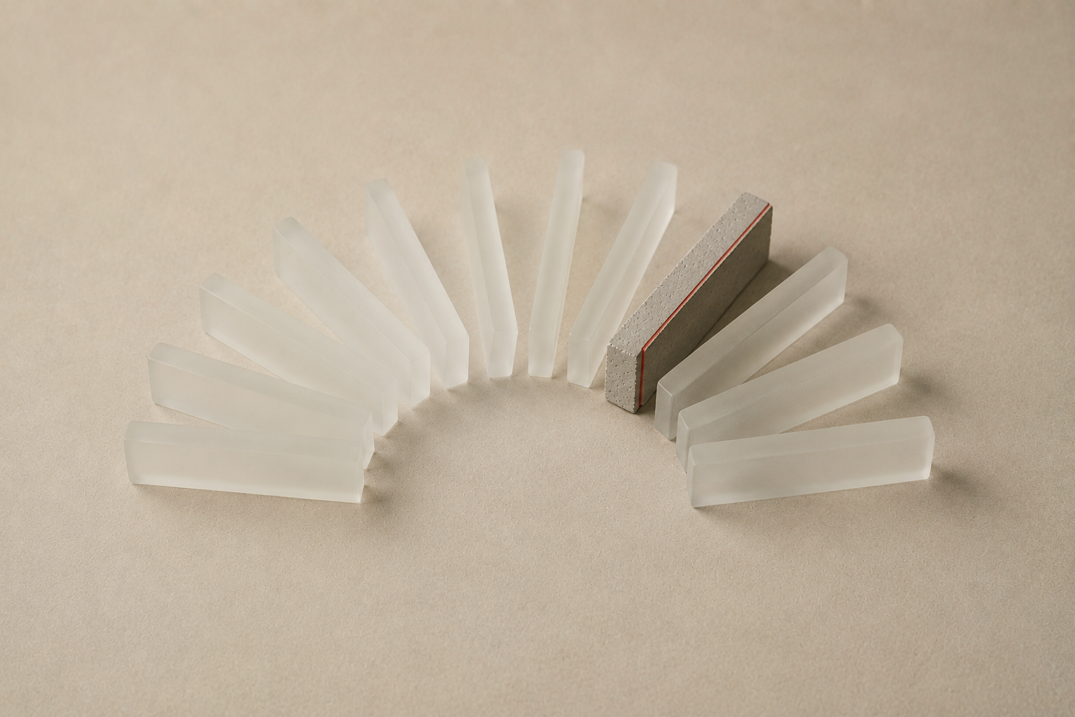 Éventail de formes translucides en verre dépoli disposées en demi-cercle ; une seule, en béton opaque bordé de rouge brique, projette une ombre franche.